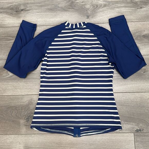 Helen Jon Rash Guard Full Zip Long‎ Sleeve Blue Stripe Swim Surf Top Size Large - Picture 3 of 8